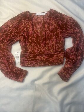 ASTR Floral Burgundy and Pink Wrap-Style Crop Blouse NWT Sz. XS
